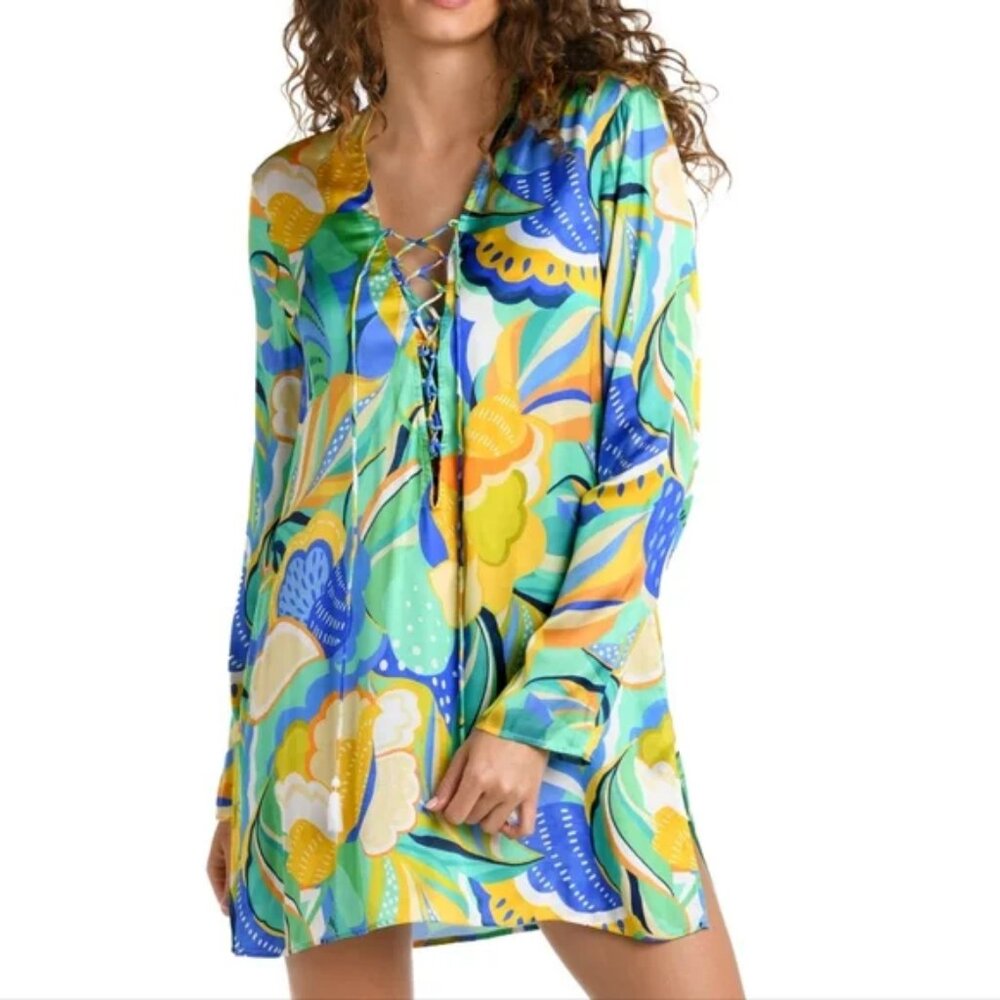🦜 La Blanca "Sun In Sicily" Lace-up v-neck Tunic coverup 🦜